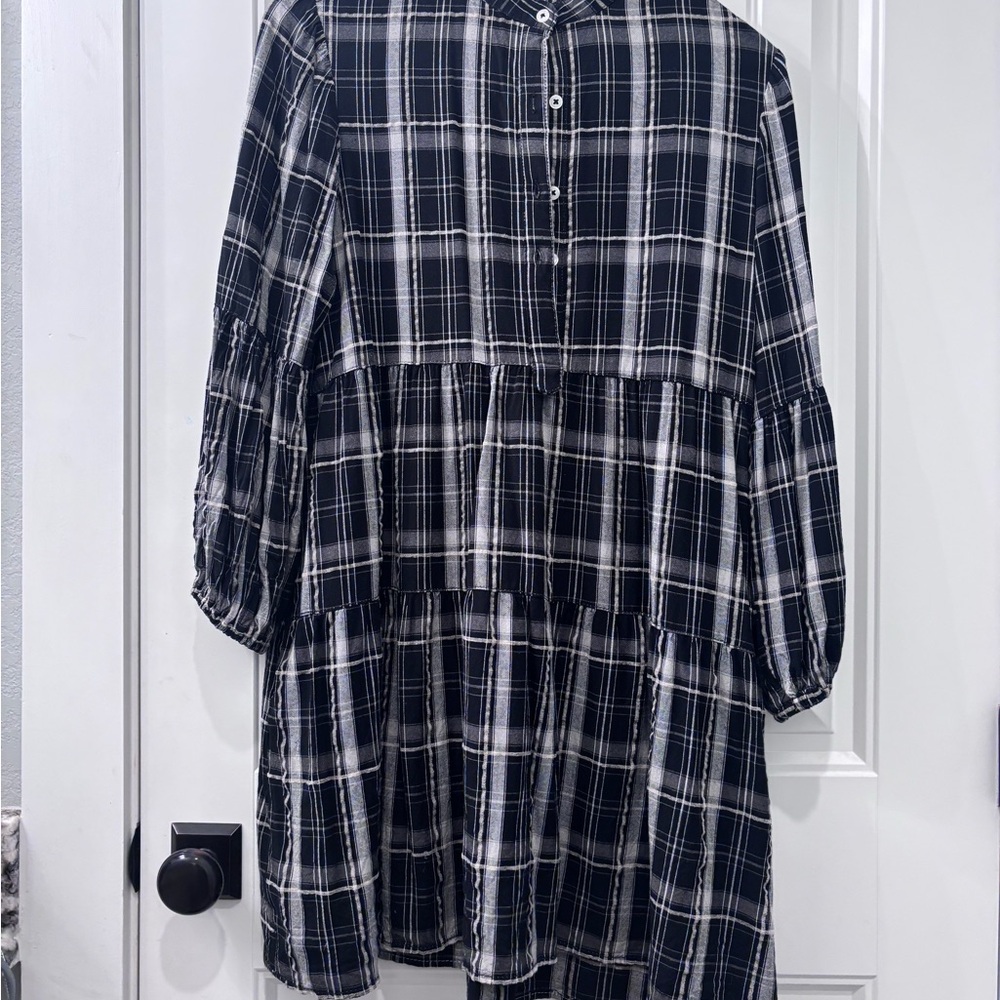 Black & White Plaid Tiered Button-Up Dress
